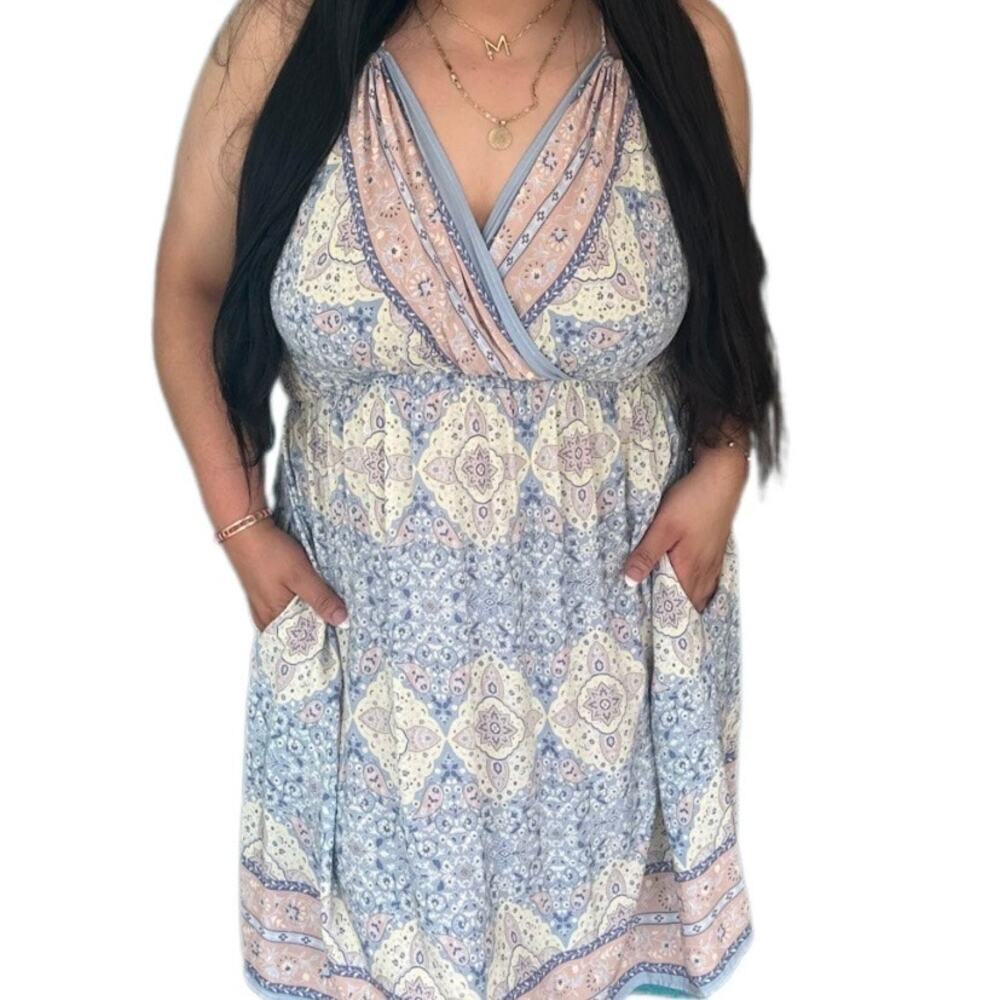Sugar Fox Pastel Paisley Floral Sleeveless V-Neck Empire Waist Pocket Dress L
